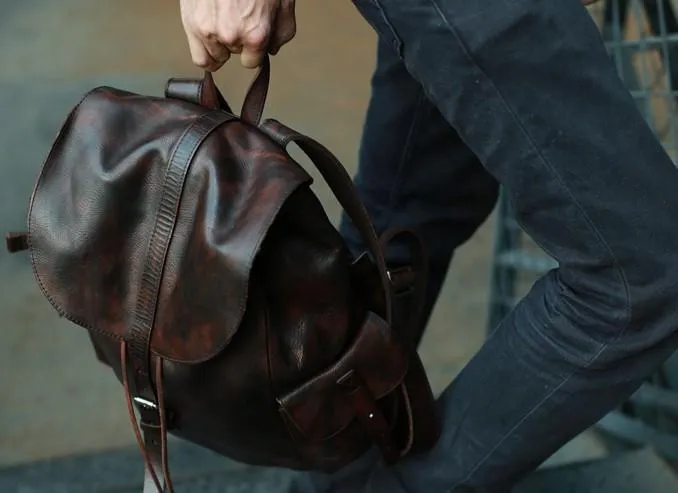Cool Black Coffee Mens Leather Backpack Travel Backpack School Backpacks for men