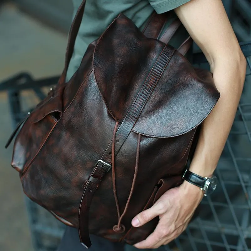 Cool Black Coffee Mens Leather Backpack Travel Backpack School Backpacks for men