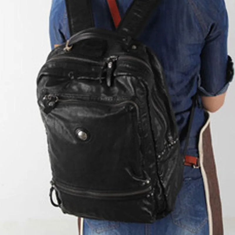 Cool Black Leather Mens Backpack Large Travel Backpack Brown Hiking Backpack for men