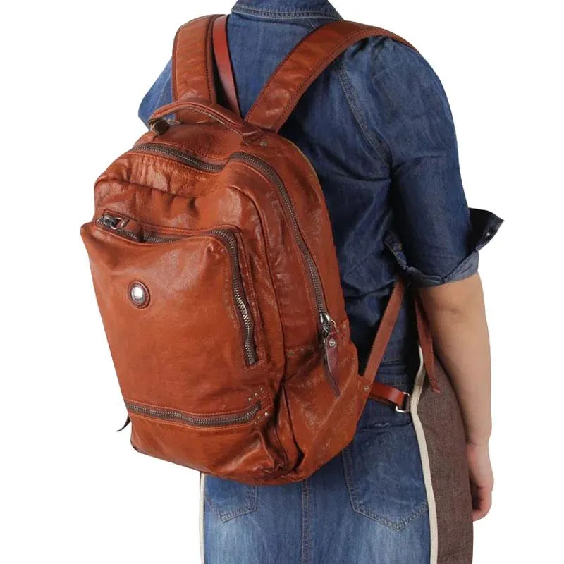 Cool Black Leather Mens Backpack Large Travel Backpack Brown Hiking Backpack for men