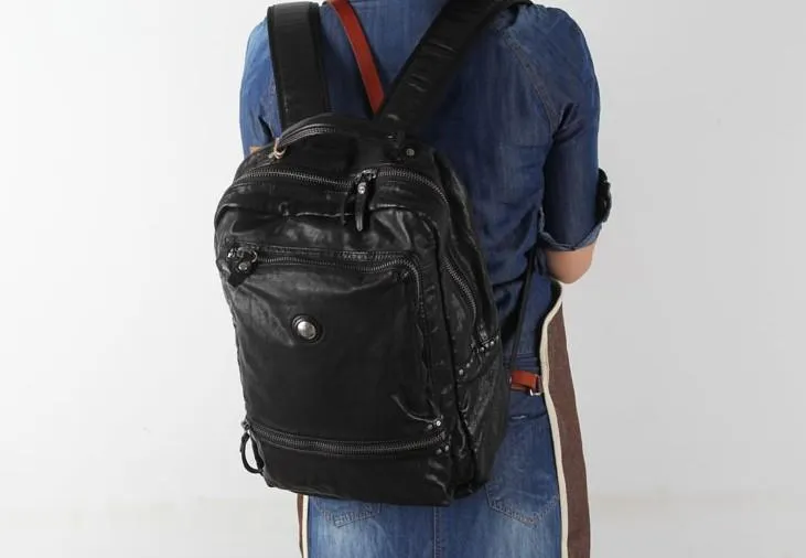 Cool Black Leather Mens Backpack Large Travel Backpack Brown Hiking Backpack for men