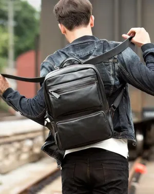 Cool Black Mens Leather 14 inches Computer Backpack College Backpacks School Backpack for men