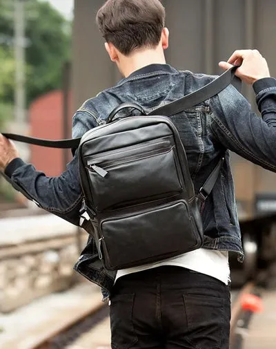 Cool Black Mens Leather 14 inches Computer Backpack College Backpacks School Backpack for men