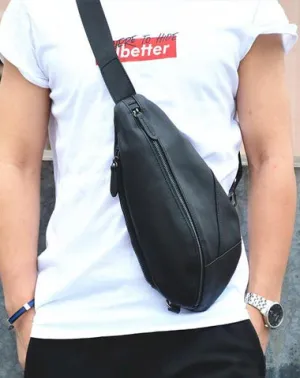 Cool Black Mens Leather One Shoulder Backpack Chest Bag Sling Bag Sling Crossbody Bag For Men