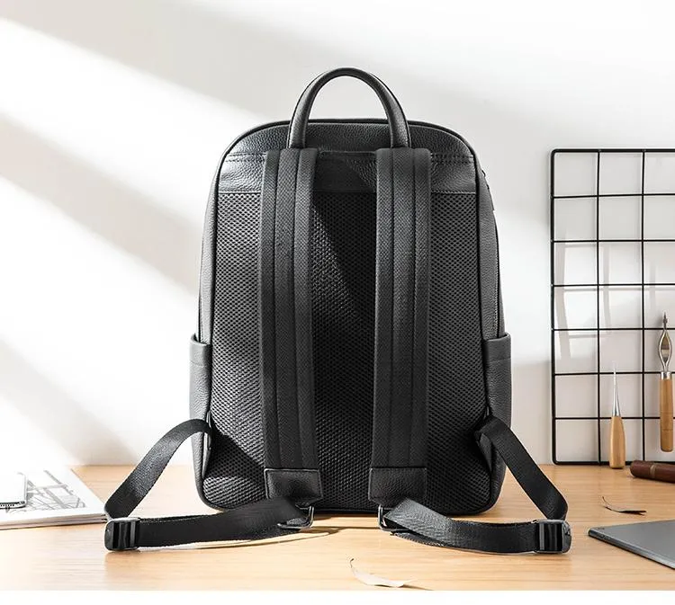Cool Black Mens Leather School Backpacks Travel Backpacks 15-inch Laptop Backpack for men
