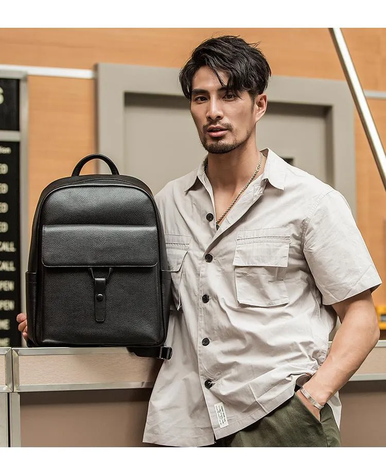 Cool Black Mens Leather School Backpacks Travel Backpacks 15-inch Laptop Backpack for men