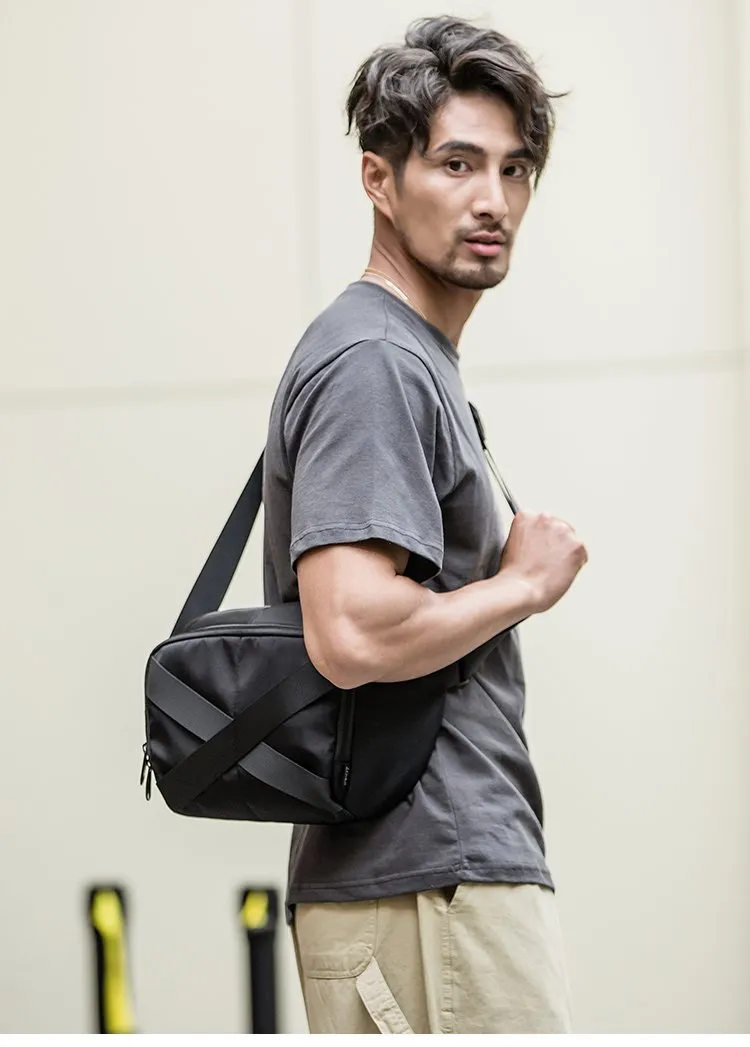 Cool Black Nylon Mens 10 inches Chest Bag Messenger Bags One Shoulder Backpack Black Side Bag for Men