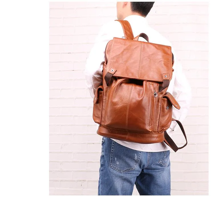 Cool Brown Black Leather Men's Backpack College Backpack 13inch Laptop Backpack For Men