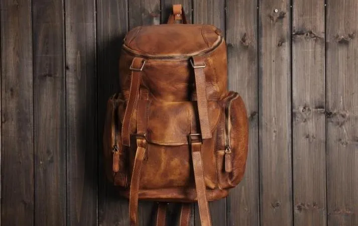 Cool Brown Leather Mens Backpack Large Brown Travel Backpack Hiking Backpack for men
