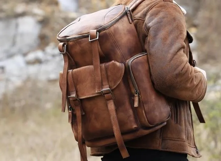 Cool Brown Leather Mens Backpack Large Brown Travel Backpack Hiking Backpack for men