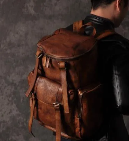 Cool Brown Leather Mens Backpack Large Brown Travel Backpack Hiking Backpack for men