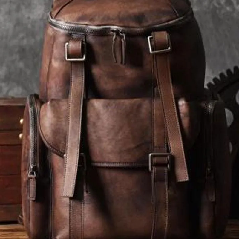 Cool Brown Leather Mens Backpack Large Brown Travel Backpack Hiking Backpack for men