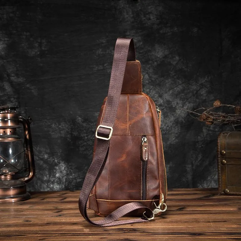 Cool Brown Leather Men's Sling Bag Chest Bag Vintage One Shoulder Backpack For Men