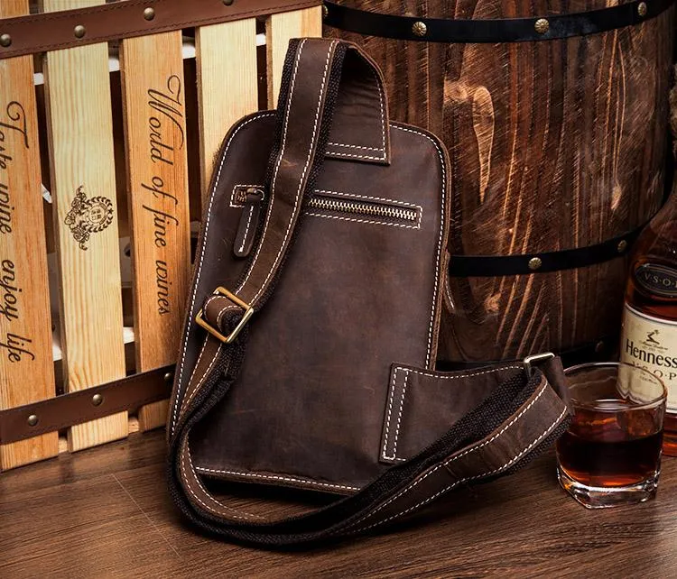 Cool Brown Leather One Shoulder Backpack Sling Bags Crossbody Pack for Men