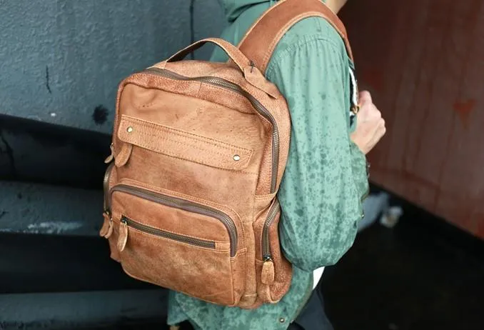Cool Brown Mens Leather Backpack Travel Backpacks Cool School Backpacks for men