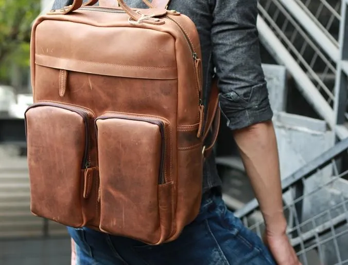 Cool Brown Mens Leather Backpack Travel Backpacks Laptop Backpack for men