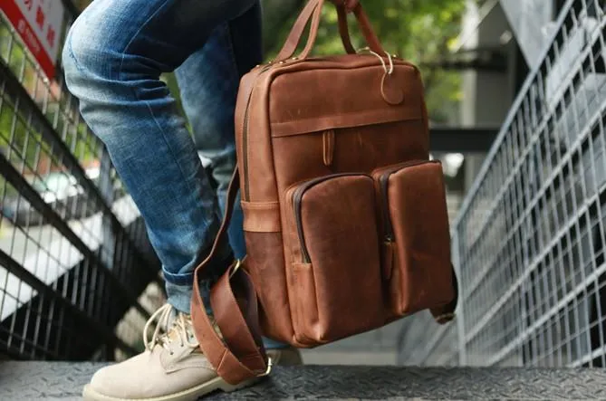 Cool Brown Mens Leather Backpack Travel Backpacks Laptop Backpack for men