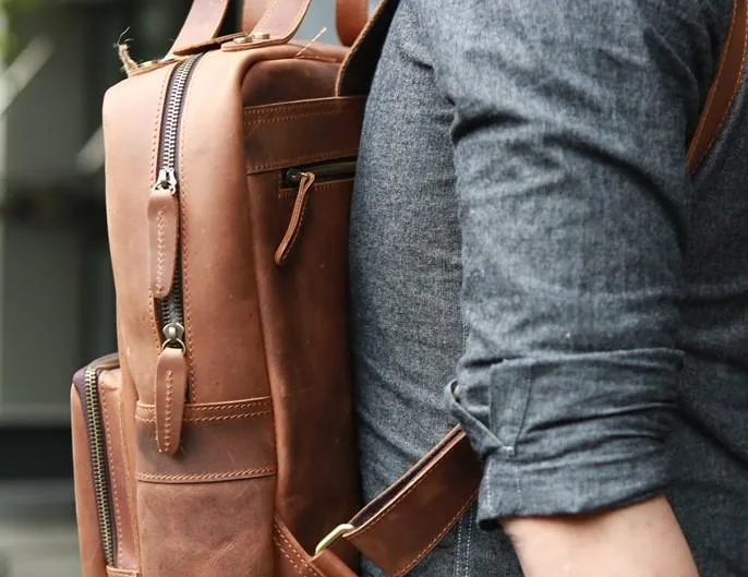 Cool Brown Mens Leather Backpack Travel Backpacks Laptop Backpack for men