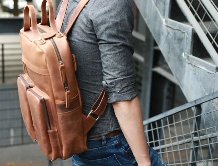 Cool Brown Mens Leather Backpack Travel Backpacks Laptop Backpack for men