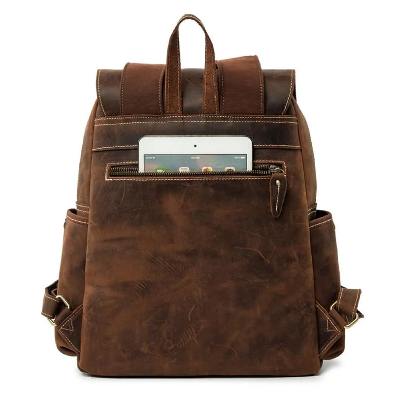 Cool Brown Mens Leather Dark Brown 14" Backpack Travel Backpack College Backpack for Men