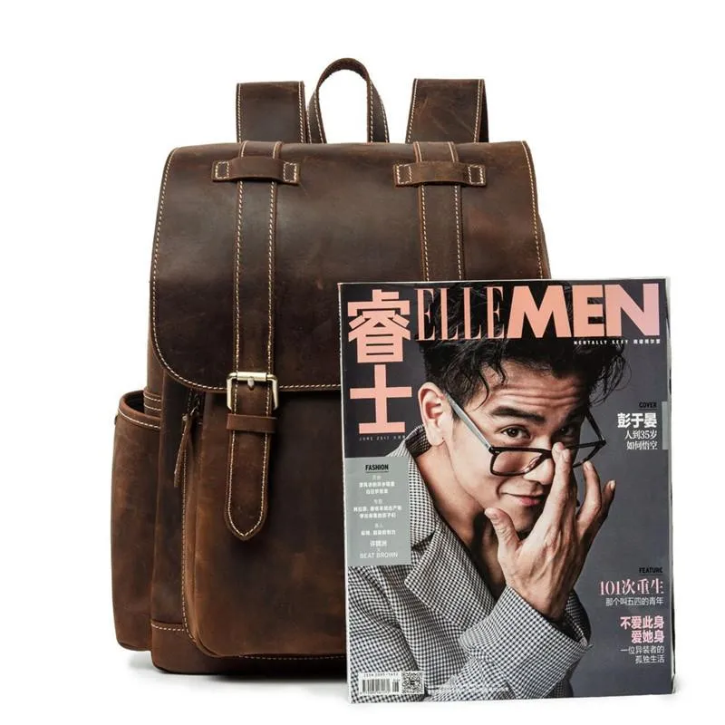 Cool Brown Mens Leather Dark Brown 14" Backpack Travel Backpack College Backpack for Men