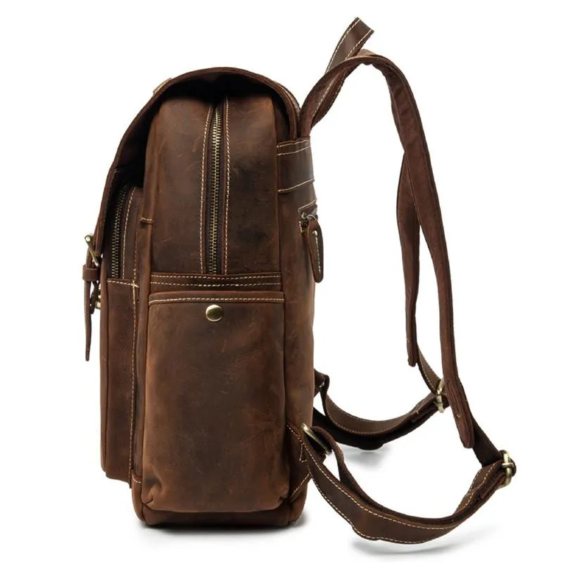 Cool Brown Mens Leather Dark Brown 14" Backpack Travel Backpack College Backpack for Men