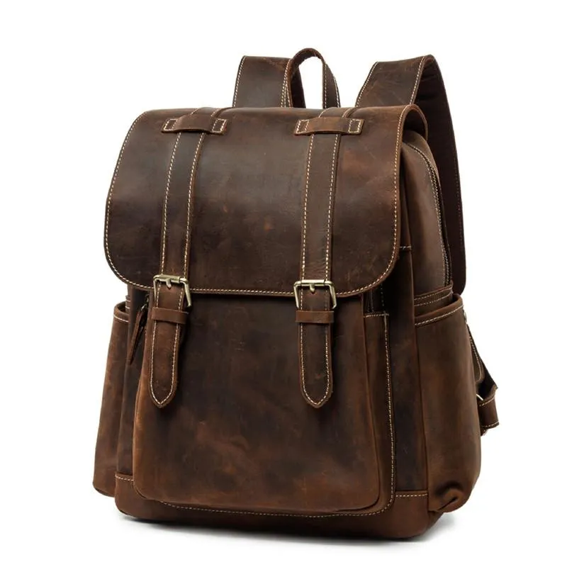 Cool Brown Mens Leather Dark Brown 14" Backpack Travel Backpack College Backpack for Men
