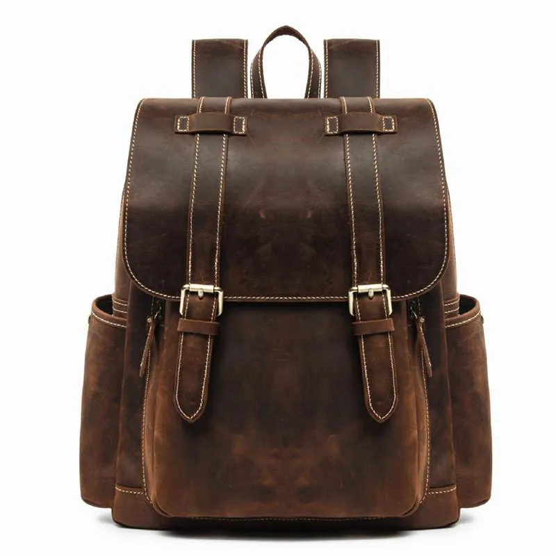 Cool Brown Mens Leather Dark Brown 14" Backpack Travel Backpack College Backpack for Men