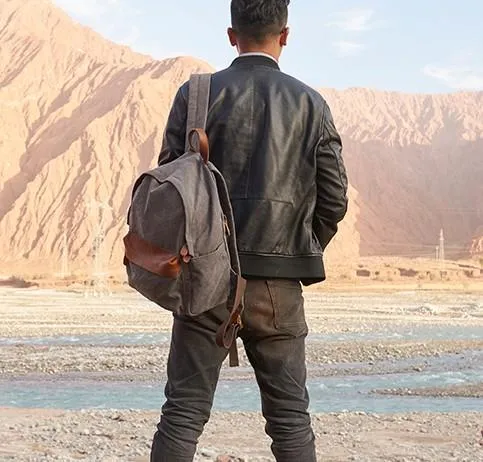 Cool Canvas Gray Mens Backpack Canvas Travel Bag Canvas School Bag for Men