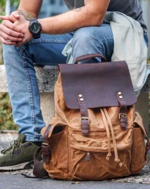 Cool Canvas Leather Mens 15'' Black Computer Backpack Green Hiking Backpack Travel Backpack for Men