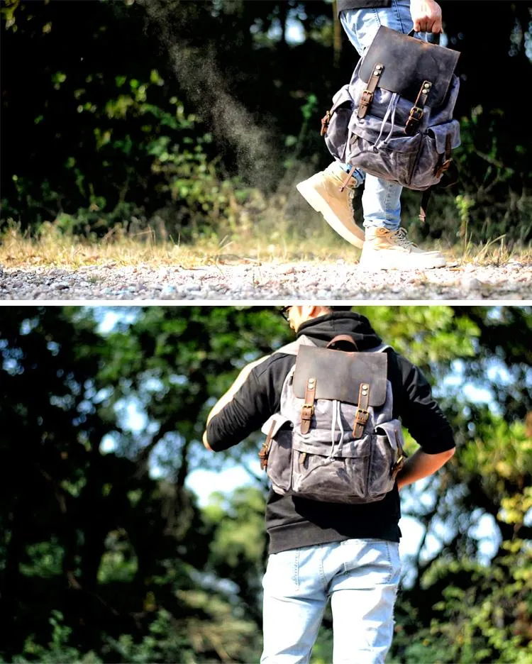 Cool Canvas Leather Mens 15'' Black Computer Backpack Green Hiking Backpack Travel Backpack for Men