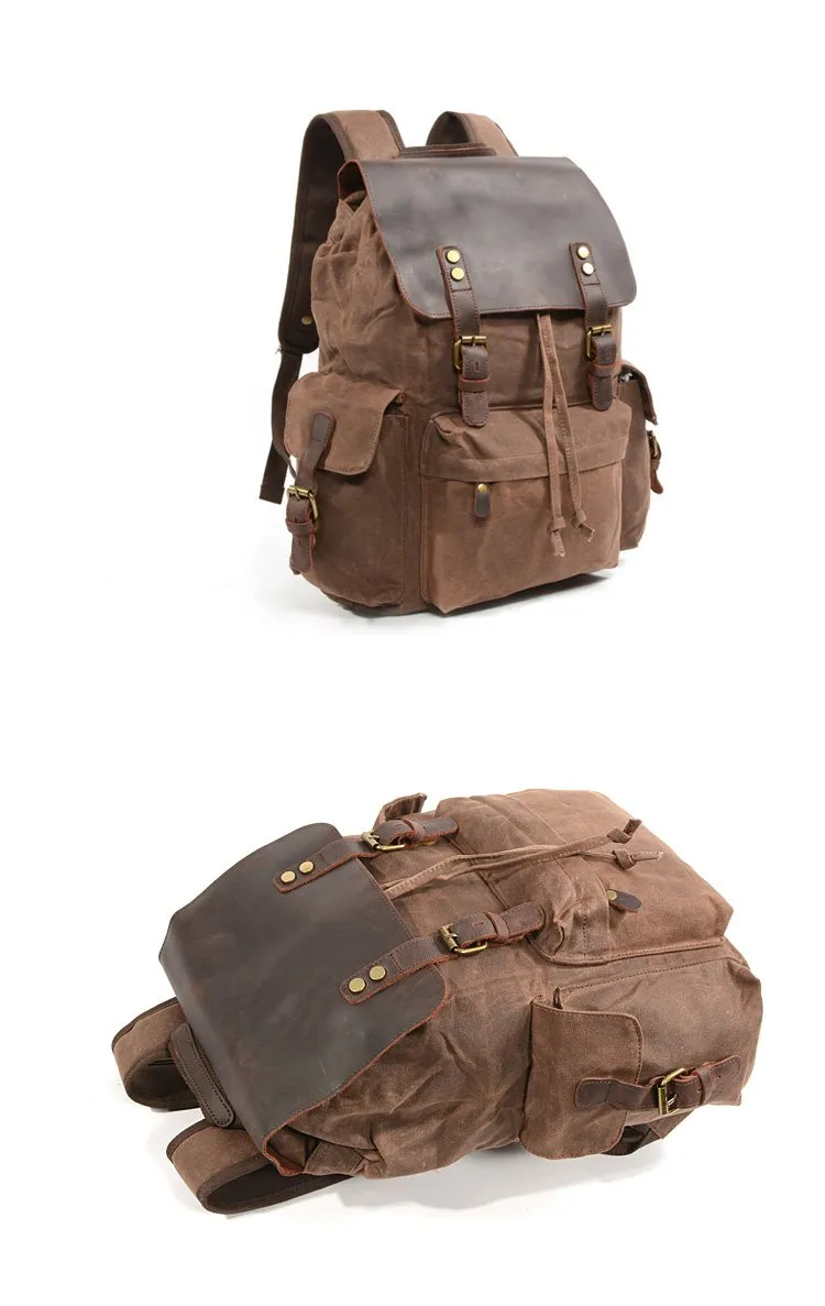 Cool Canvas Leather Mens 15'' Black Computer Backpack Green Hiking Backpack Travel Backpack for Men