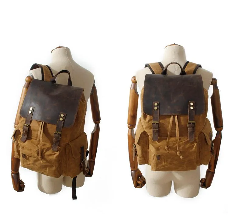 Cool Canvas Leather Mens 15'' Black Computer Backpack Green Hiking Backpack Travel Backpack for Men