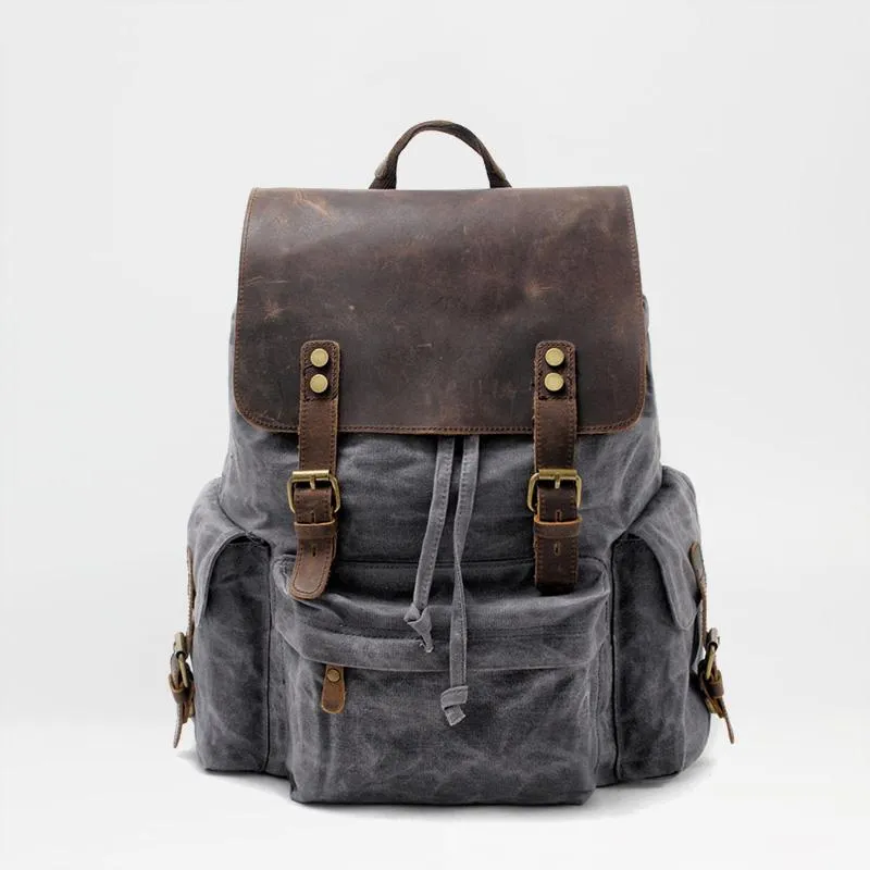 Cool Canvas Leather Mens 15'' Black Computer Backpack Green Hiking Backpack Travel Backpack for Men
