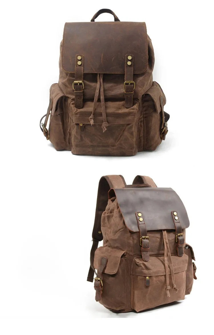 Cool Canvas Leather Mens 15'' Black Computer Backpack Green Hiking Backpack Travel Backpack for Men