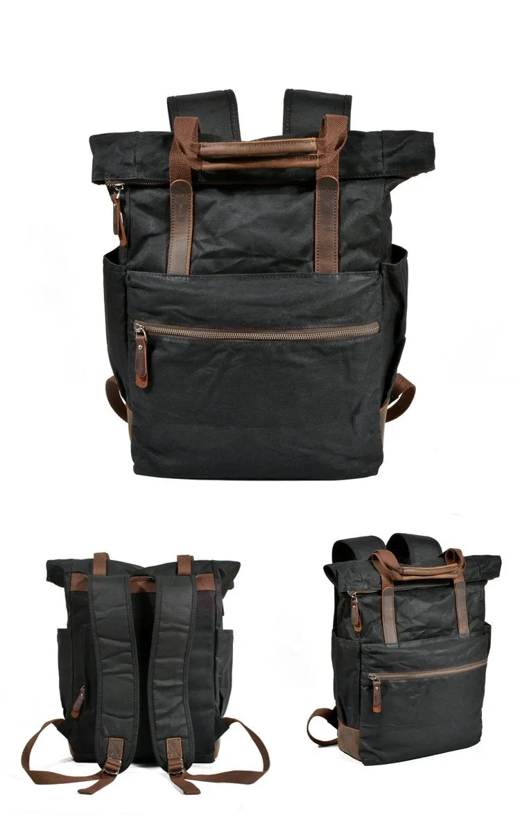 Cool Canvas Leather Mens Black College Backpack 15'' Computer Backpack Travel Backpack Hiking Bag for Men