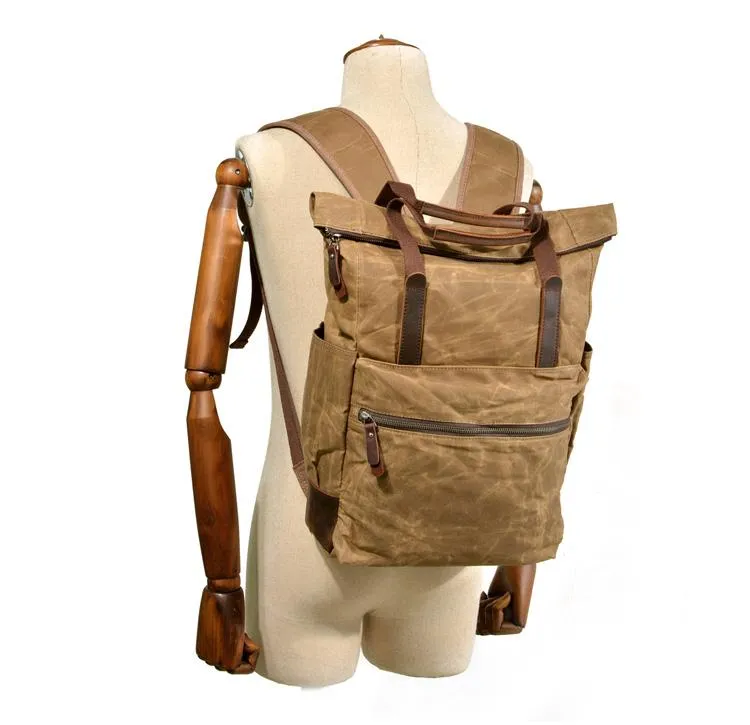 Cool Canvas Leather Mens Black College Backpack 15'' Computer Backpack Travel Backpack Hiking Bag for Men