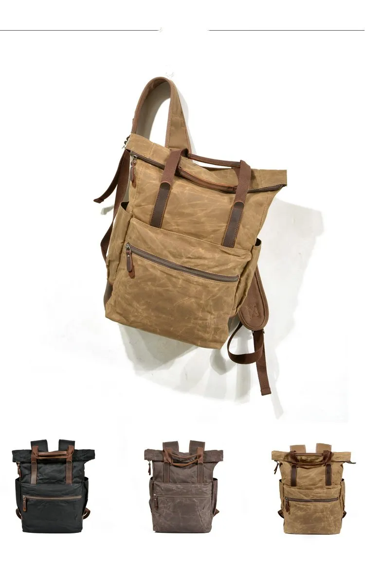 Cool Canvas Leather Mens Black College Backpack 15'' Computer Backpack Travel Backpack Hiking Bag for Men