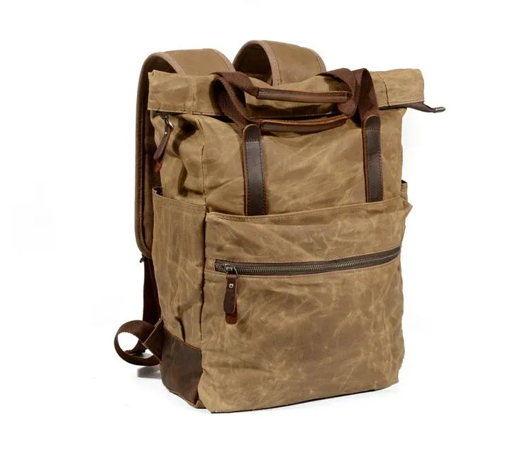 Cool Canvas Leather Mens Black College Backpack 15'' Computer Backpack Travel Backpack Hiking Bag for Men