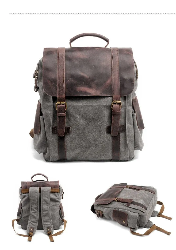 Cool Canvas Leather Mens College Backpack Travel Backpack 15'' Computer Hiking Backpack for Men