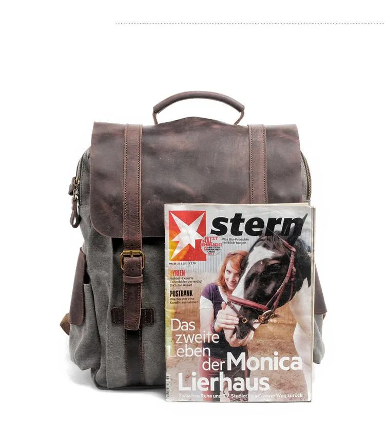 Cool Canvas Leather Mens College Backpack Travel Backpack 15'' Computer Hiking Backpack for Men