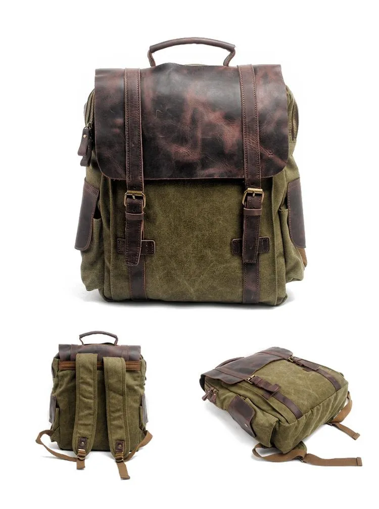 Cool Canvas Leather Mens College Backpack Travel Backpack 15'' Computer Hiking Backpack for Men