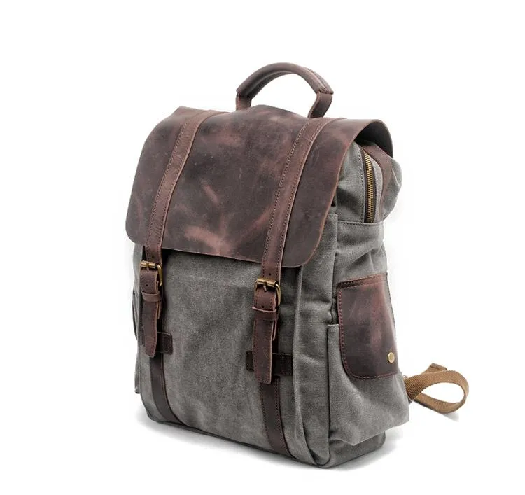 Cool Canvas Leather Mens College Backpack Travel Backpack 15'' Computer Hiking Backpack for Men