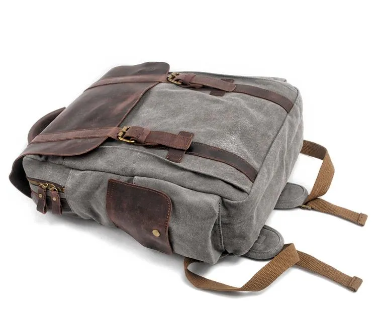 Cool Canvas Leather Mens College Backpack Travel Backpack 15'' Computer Hiking Backpack for Men