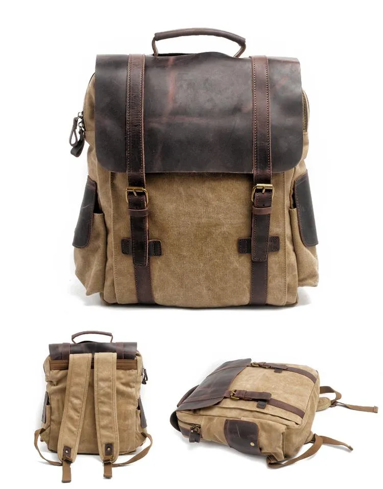 Cool Canvas Leather Mens College Backpack Travel Backpack 15'' Computer Hiking Backpack for Men