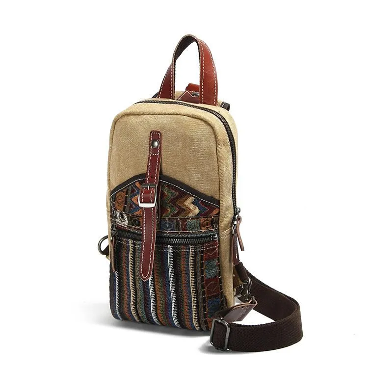 Cool Canvas Leather Mens Embroidered Sling Bag Chest Bag Gray One Shoulder Backpack for Men