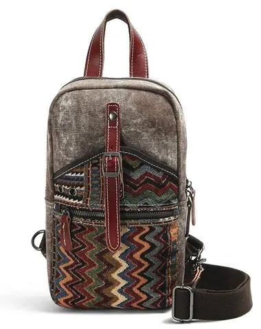 Cool Canvas Leather Mens Embroidered Sling Bag Chest Bag Gray One Shoulder Backpack for Men