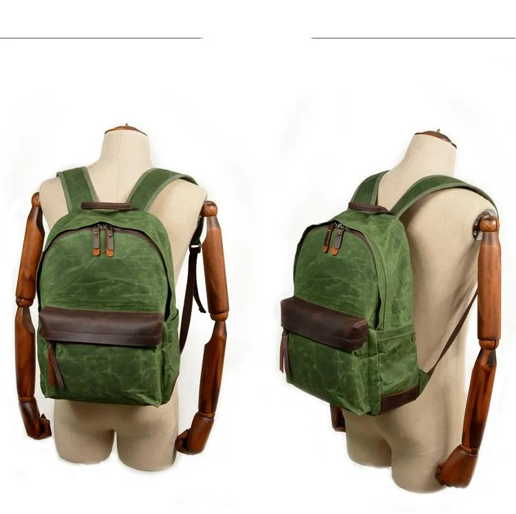 Cool Canvas Leather Mens Green Backpack Computer Backpack Black Travel Backpack for Men