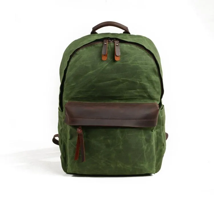 Cool Canvas Leather Mens Green Backpack Computer Backpack Black Travel Backpack for Men