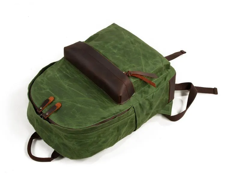 Cool Canvas Leather Mens Green Backpack Computer Backpack Black Travel Backpack for Men